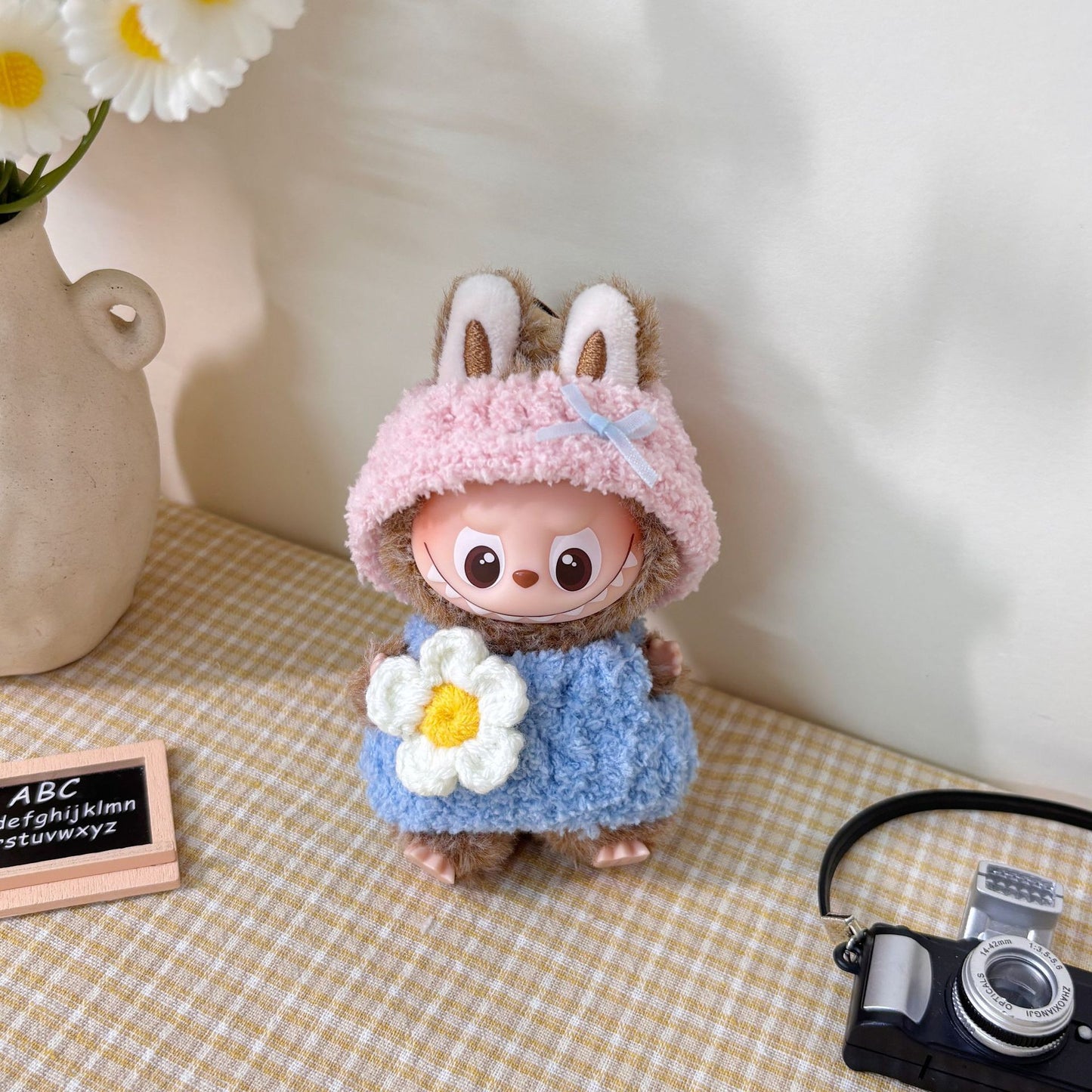 10.5cm Labubu 4th Gen Heart Code Collection Butter Bear Style Vinyl Outfit Set | 2-Piece Overalls & Bear Hat Replacement Clothes for Mini Keychain Charms