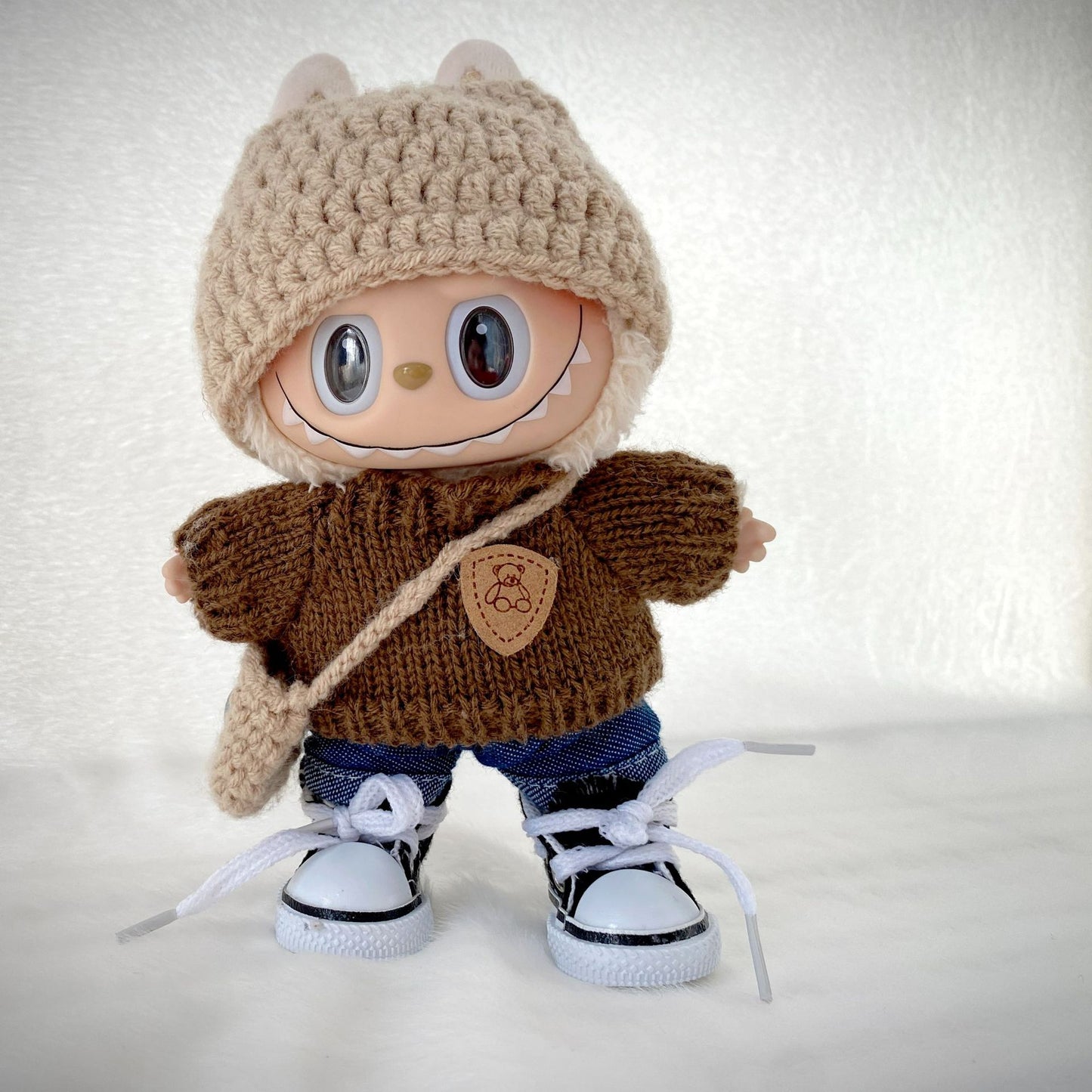 17cm Labubu 1st-3rd Gen Keychain Clothes | Brown Bear Sweater Set + Knit Top & Hat