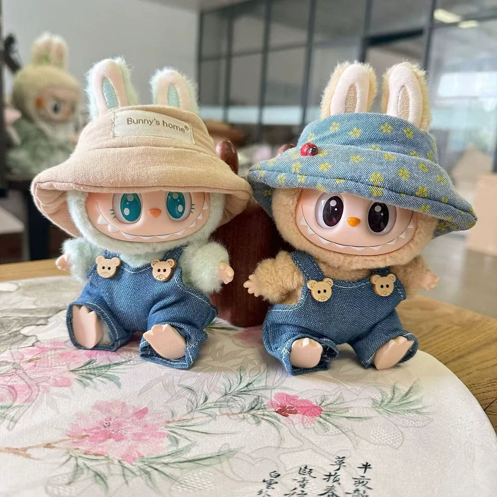 Labubu Denim Overalls Set - Cute Jumpsuit & Fisherman Hat for Vinyl Doll Clothes
