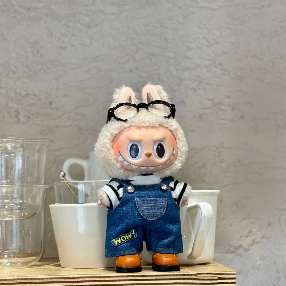 17cm Labubu Gen 1-3 Handmade Striped Denim Overalls Set | Vinyl/Plush-Compatible Clothes Only with Metal Buttons for Collectible Dolls