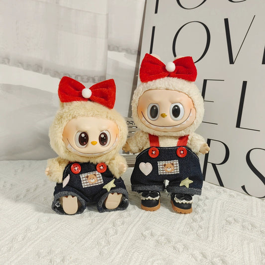 Bear Overalls + Red Bow + Black Mini Camera Outfit for 17cm La Boo Boo Blind Box Doll Change Clothes