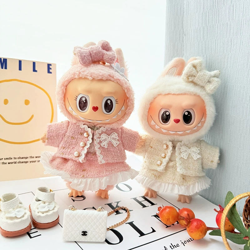 POP MART Labubu 17cm Doll Clothes - Pink Chanel-Style Dress Set w/Keychain for Blind Box Figures (No Doll Included) | Luxury Vinyl Outfit