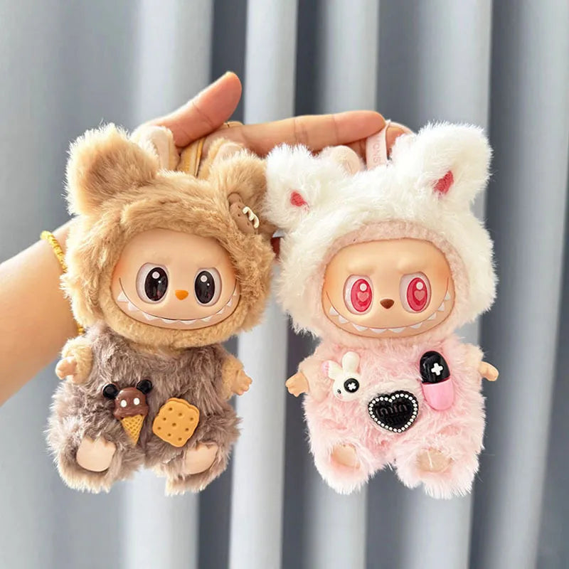 POP MART Labubu Doll Clothes - Teddy Bear Overalls Set for Gen 1/2 Vinyl Figures 17cm (No Doll Included) | Biscuit-Themed Blind Box Keychain Outfit