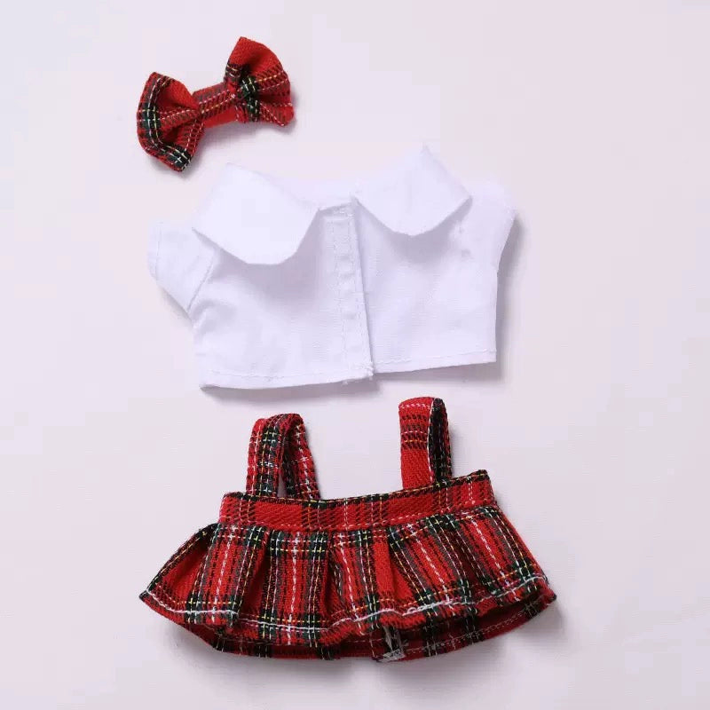 DIMOO WORLD Plush Keychain Doll Outfit - Star Denim Overalls & Red Bow Set for Labubu Doll Clothes