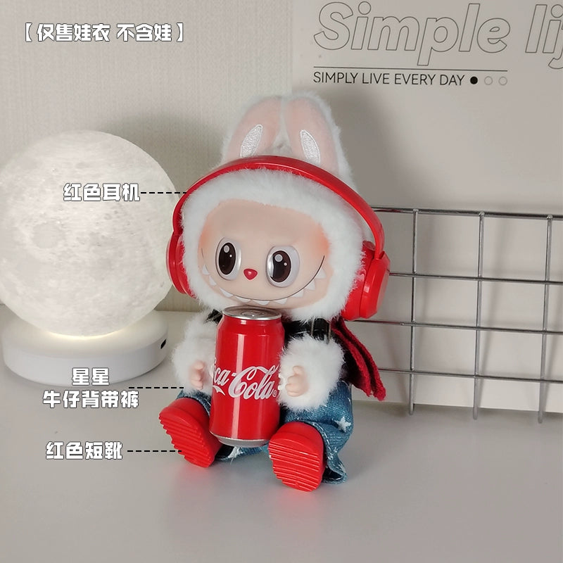 POP MART Labubu Summer Cola Outfit - Red Headphones + Sporty Denim Overalls + Red Boots for Gen 1/2 Figures 17cm (No Doll Included) | Keychain-Compatible