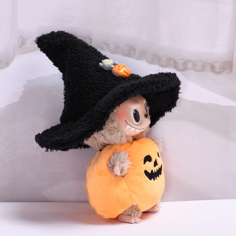17cm Labubu 1st-2nd Gen Keychain Clothes Only | Halloween Pumpkin Costume Set with Black Witch Hat | Replacement Outfits for Vinyl Dolls