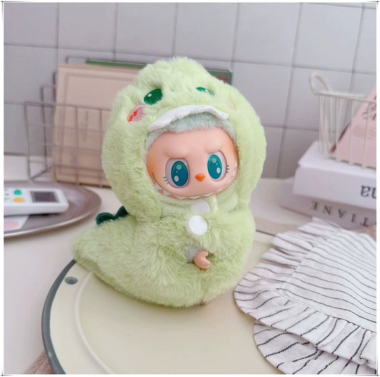 17cm Labubu Blind Box Doll Cartoon Outfit | Changeable Clothing with Fried Shrimp & Dinosaur Themes