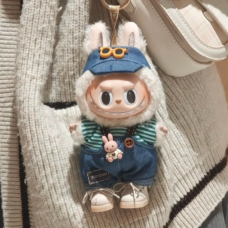 LABUBU CLOTHES, Denim Outfit Set for LABUBU - Cute Striped Tee & Overalls for POP MART Blind Box Plush Dolls
