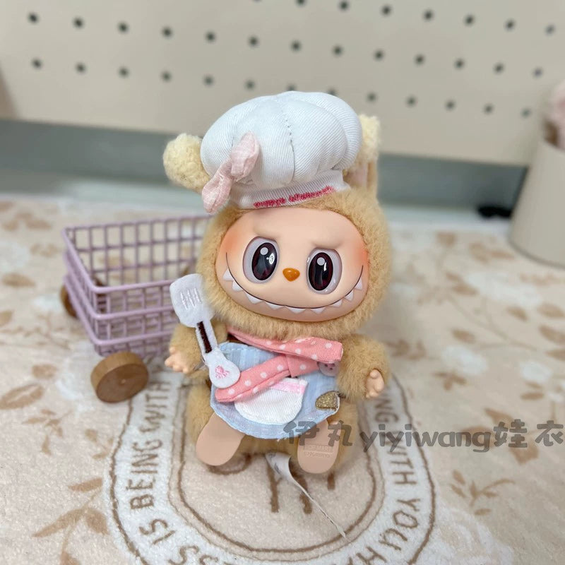 POP MART Labubu 17cm Doll Clothes - Pink Dot Chef Outfit for Gen 1/2 Vinyl Figures (No Doll Included) | Keychain Accessory