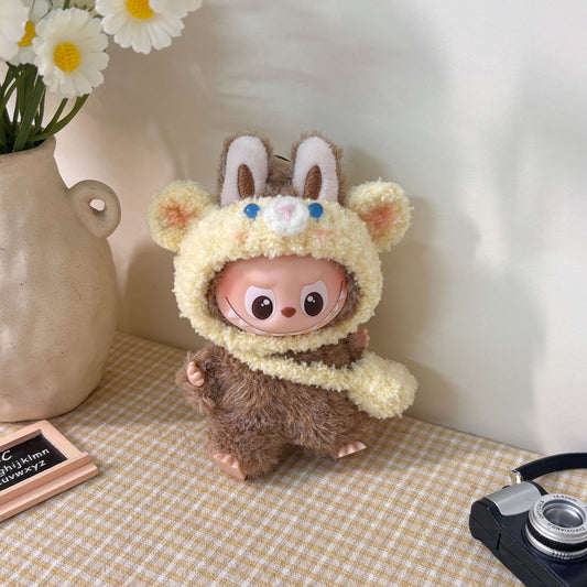 10.5cm Labubu 4th Gen Heart Code Collection Butter Bear Style Vinyl Outfit Set | 2-Piece Overalls & Bear Hat Replacement Clothes for Mini Keychain Charms