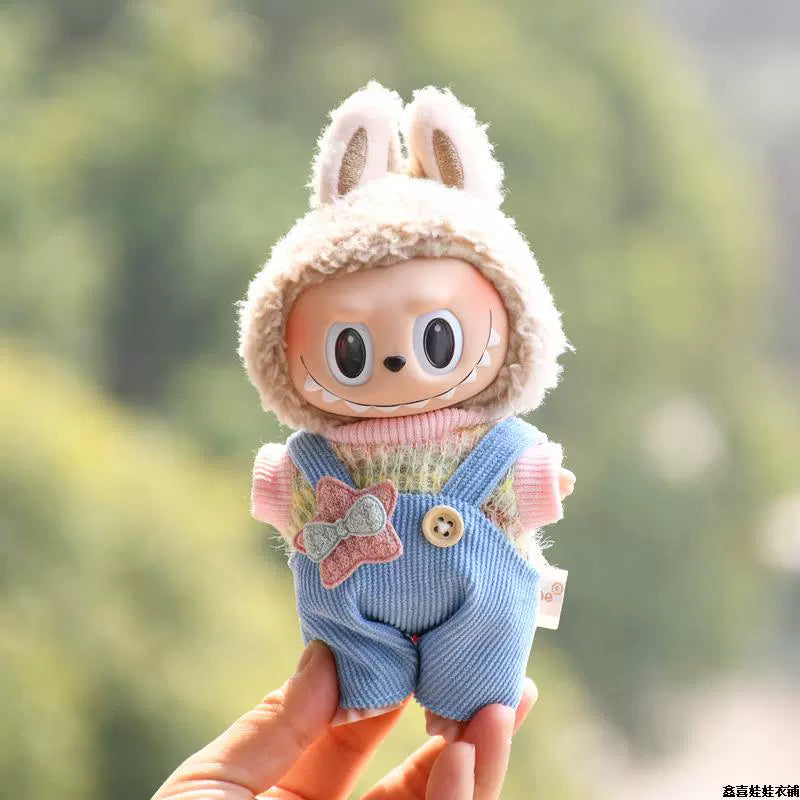 17cm Labubu Gen 1-3 Universal Fit Handmade Pink Bunny 3-Piece Set | Overalls + Hat + Mini Thermos Cup | Vinyl/Plush-Compatible Clothes Only for Collectible Dolls