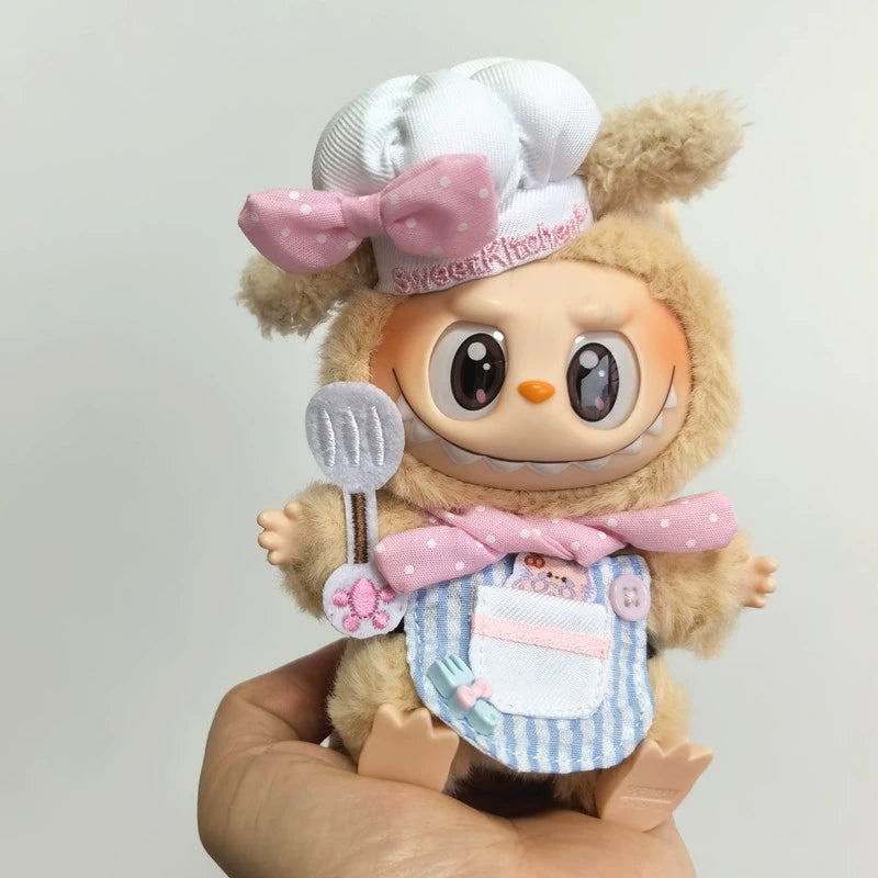 15/17cm Labubu Chef Outfit - Pink Dot Kitchen Set for Sitting Party Series Doll