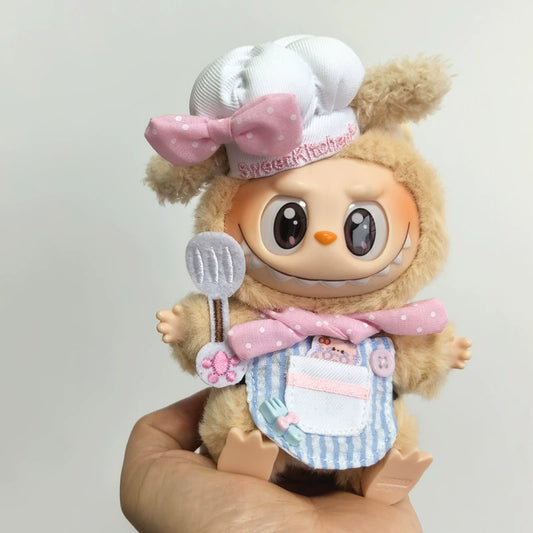 15/17cm Labubu Chef Outfit - Pink Dot Kitchen Set for Sitting Party Series Doll