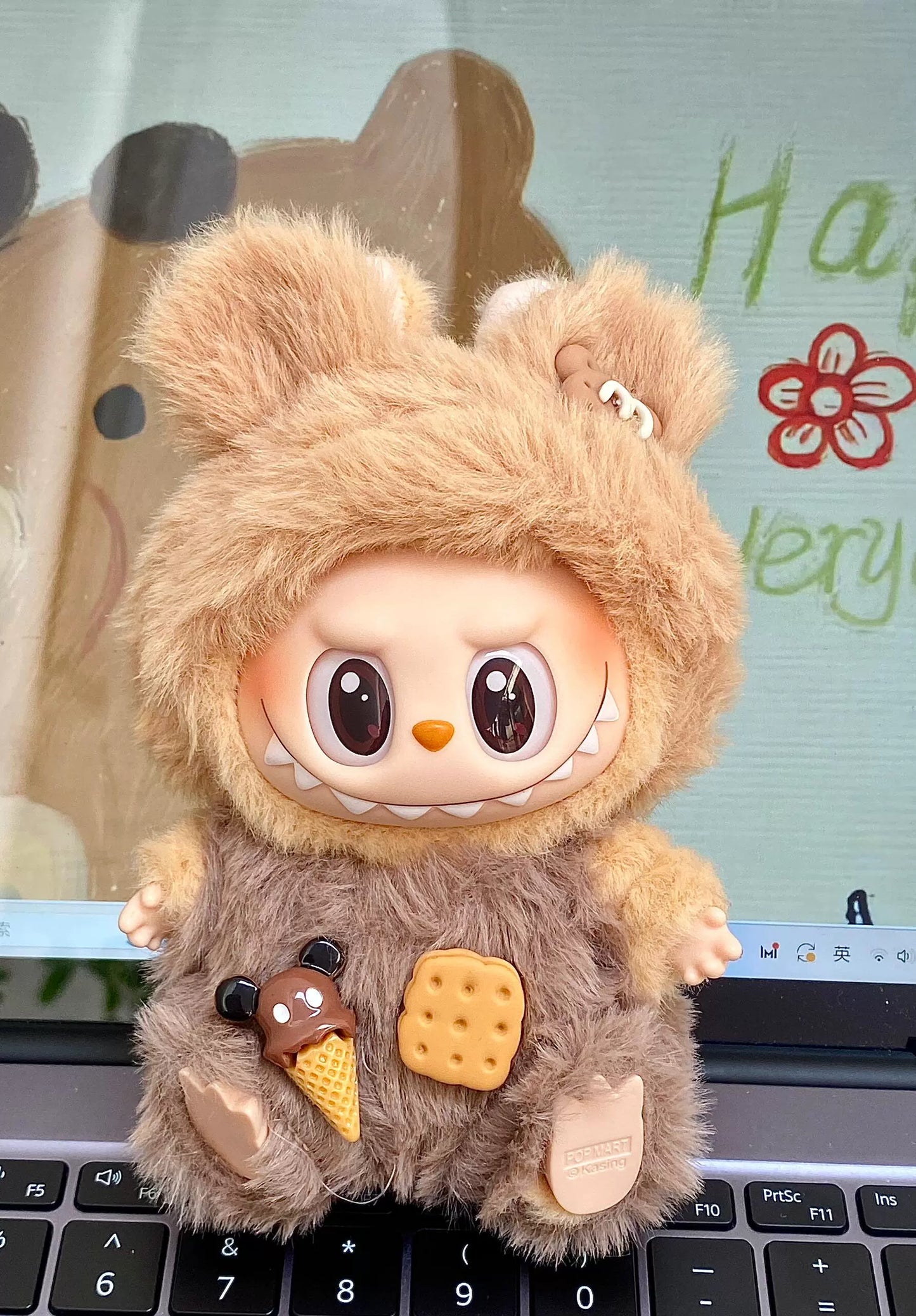 POP MART Labubu Doll Clothes Set - Teddy Bear Overalls + Hat w/Fuzzy Trim for Cotton & Vinyl Figures 17cm (No Doll Included) | Biscuit-Themed