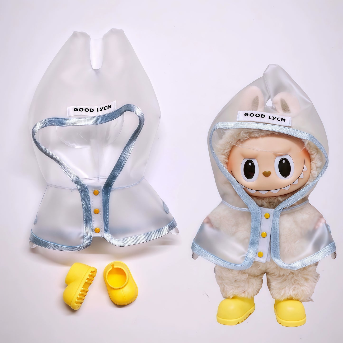 Pop Mart LABUBU Transparent Raincoat Outfit Set - Waterproof Coverall with Matching Boots for 1st/2nd/3rd Gen Vinyl Figures, Complete Protective Costume (17cm)
