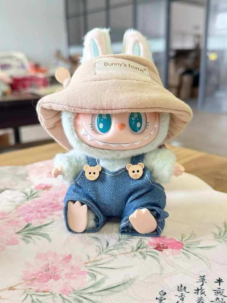 Labubu Denim Overalls Set - Cute Jumpsuit & Fisherman Hat for Vinyl Doll Clothes