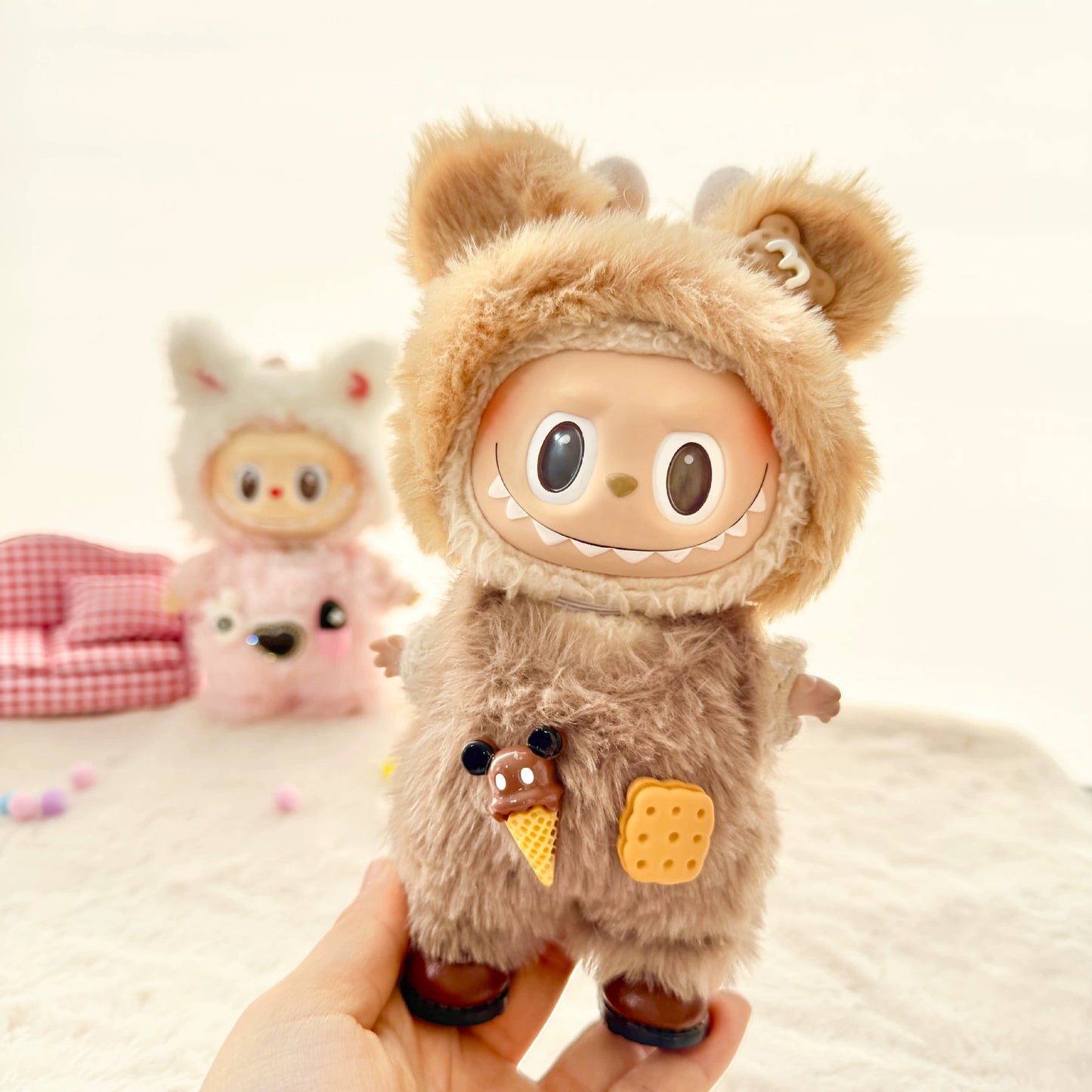 POP MART Labubu Doll Clothes - Teddy Bear Overalls Set for Gen 1/2 Vinyl Figures 17cm (No Doll Included) | Biscuit-Themed Blind Box Keychain Outfit