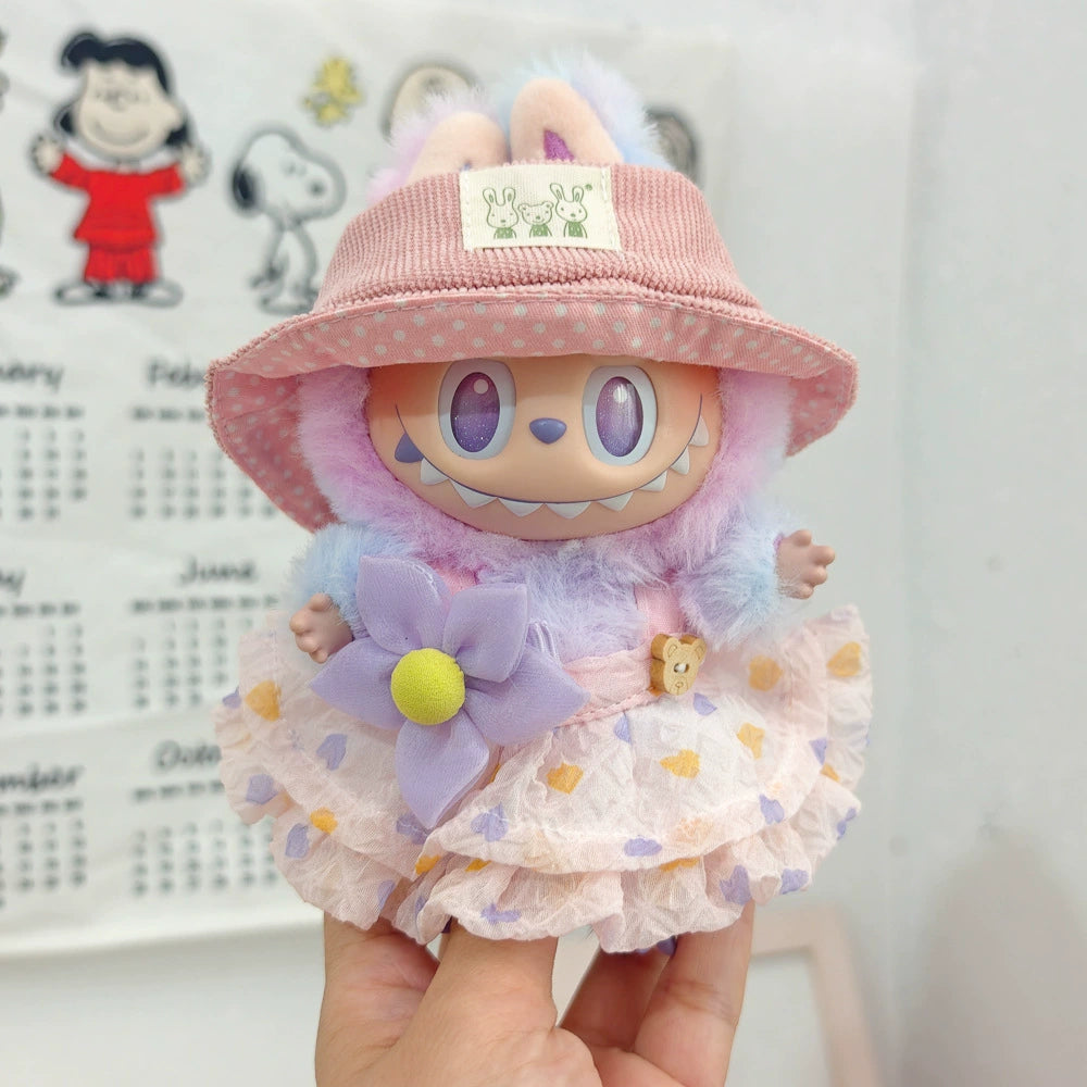 17cm Labubu Summer Beach Outfit - Coconut Tree & Sunglasses Set for Keychain Doll