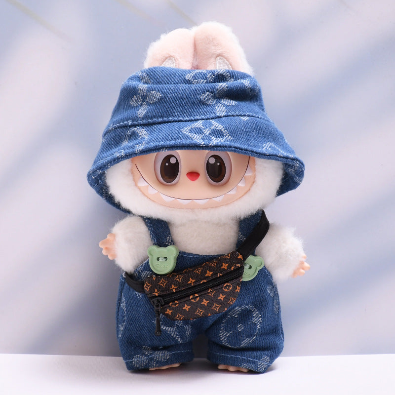 Labubu Series 1/2 Outfit - Printed Overalls & Hat for Keychain Doll Clothes Streetwear