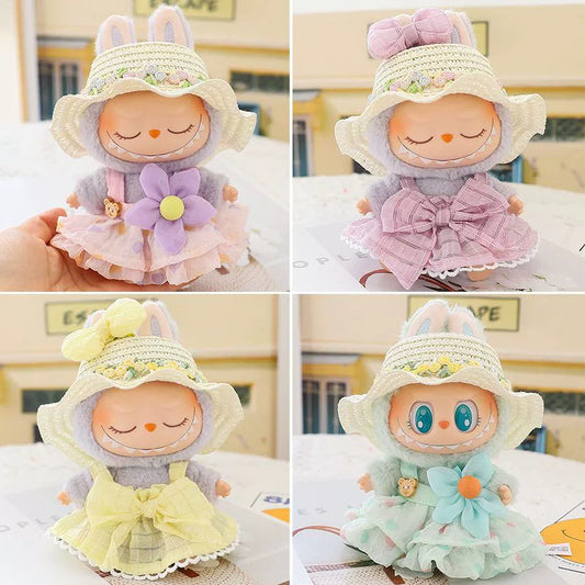 Pop Mart LABUBU Summer Outfit Set - Mint Green Dress with Bow & Straw Hat for 1st/2nd/3rd Gen Blind Box Figures, Fresh Seasonal Doll Clothes (17cm)
