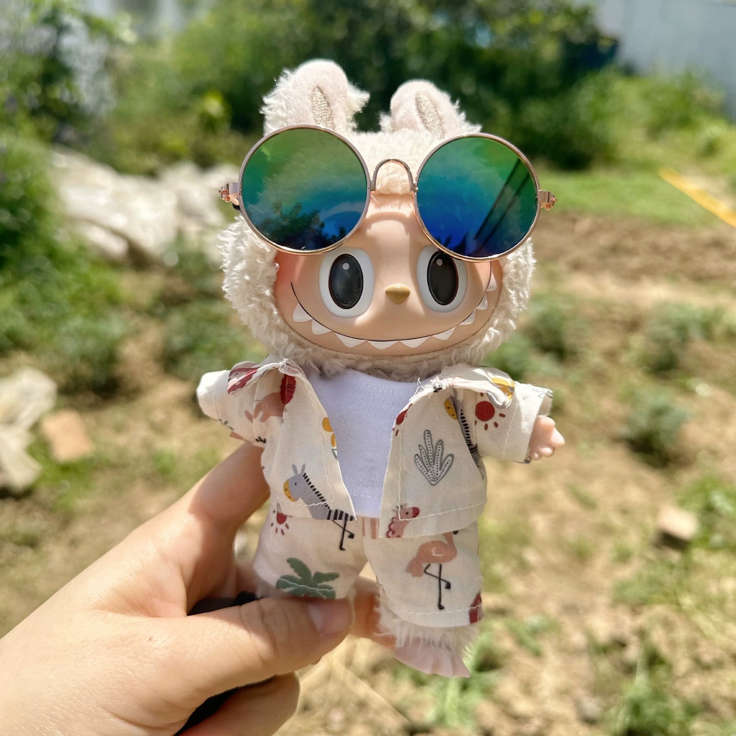 17cm Labubu Beach Outfit - Sunglasses Set for Blind Box Keychain Doll Change Clothes