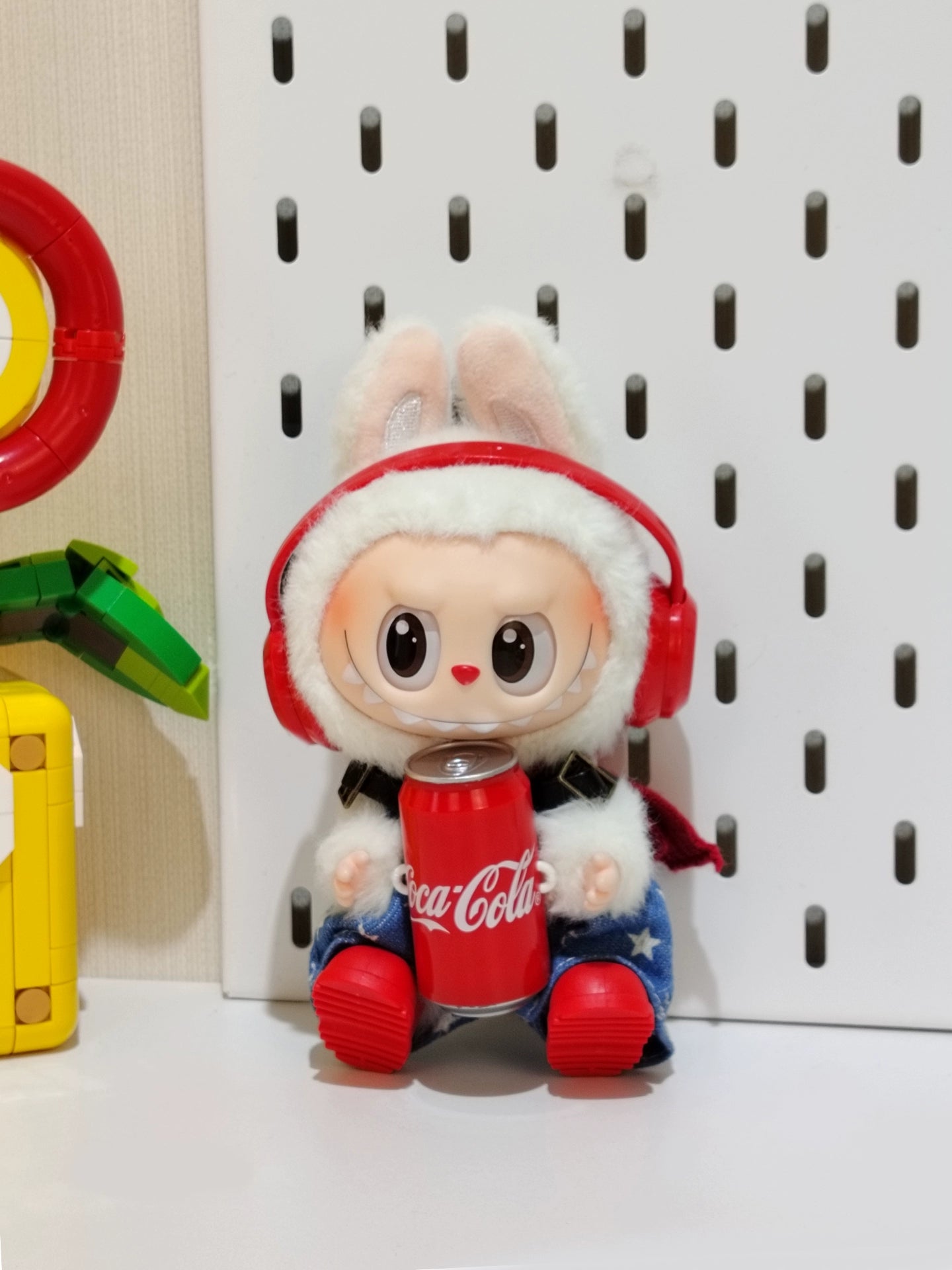 POP MART Labubu Sit-Sit Party Cola Outfit - Red Headphones + Denim Overalls + Red Boots for 17cm Figures (No Doll Included)