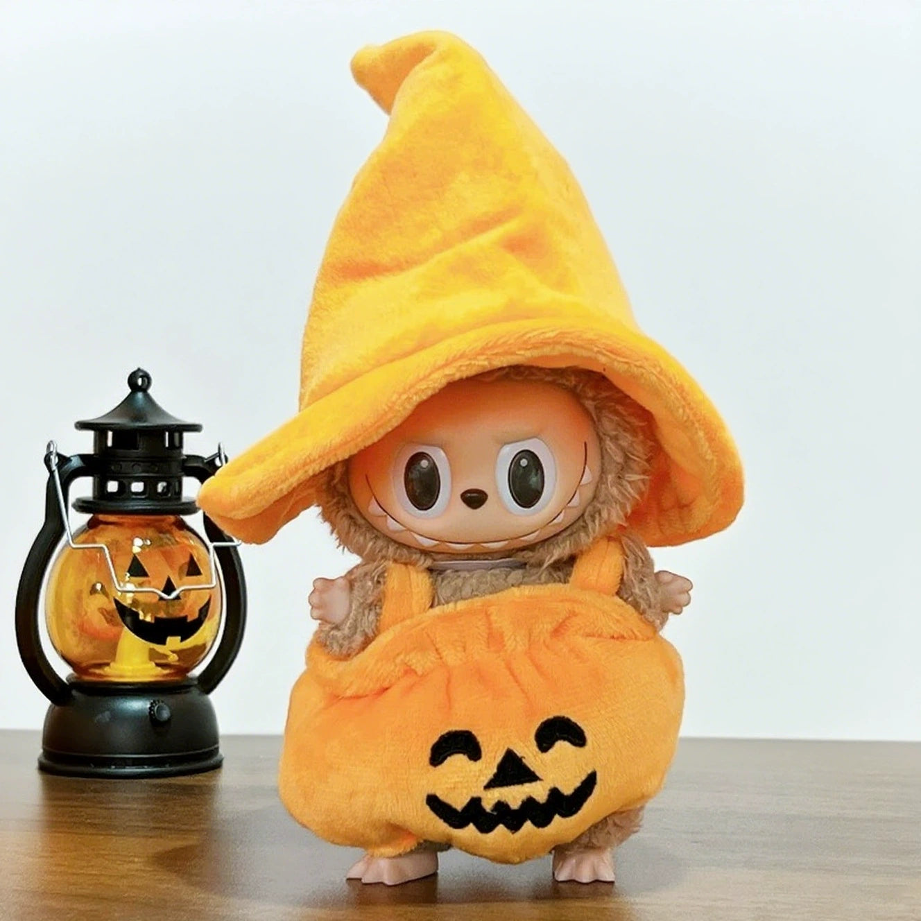 15CM Labubu Gen 1-3 Keychain Halloween Pumpkin Outfit with Overalls & Black Hat (Clothes Only)