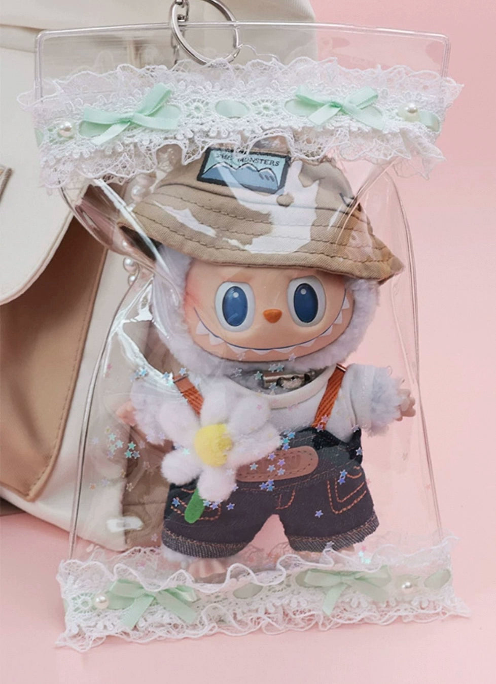 17cm Handmade Lace Doll Carrier - Clear Dustproof Bag for Hanging Display & Outdoor Use