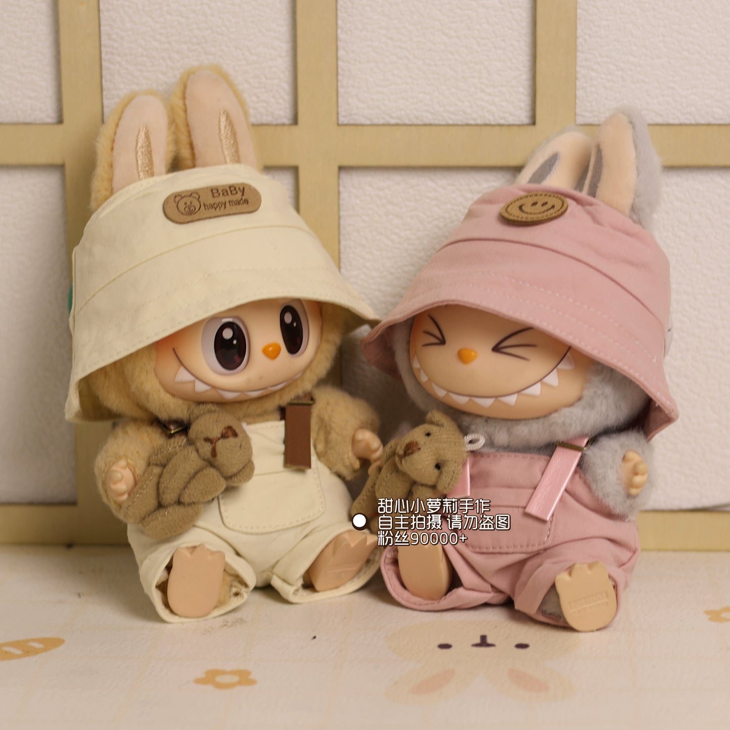 15-17cm Labubu Sitting Party Outfit - Series 1/2/3 Doll Clothes for Vinyl Figures - Khaki Overalls & Fisherman Hat