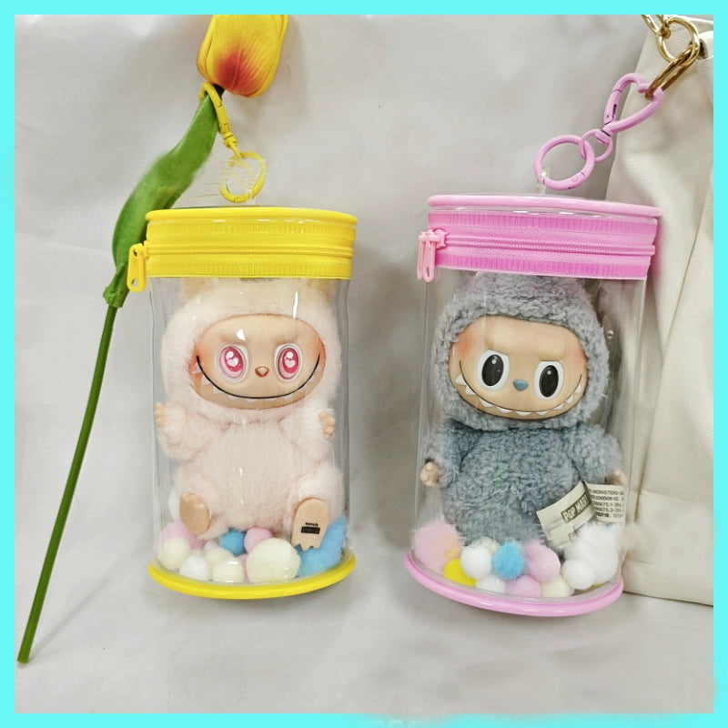 16cm Cotton Doll Mini Can Bag | Thickened Cylindrical Acrylic Case | High-Definition Transparent Dust-Proof Storage & Carry Bag for Dolls