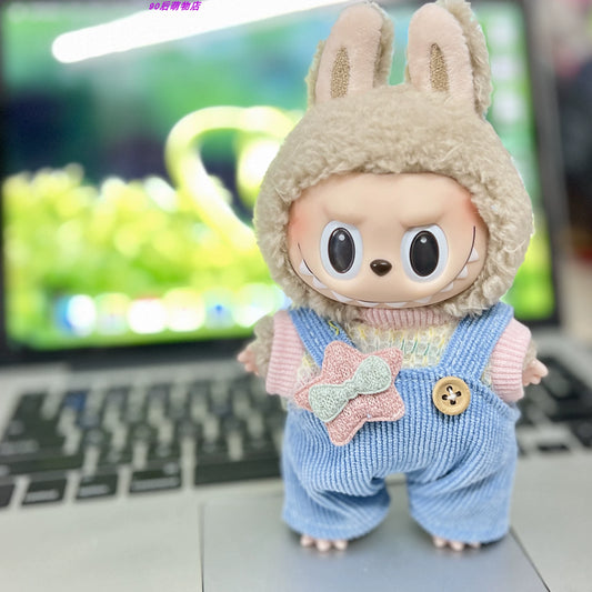 POP MART Labubu 17cm Doll Clothes - Star Print Light Blue Overalls 3-Piece Set w/Keychain (No Doll Included)