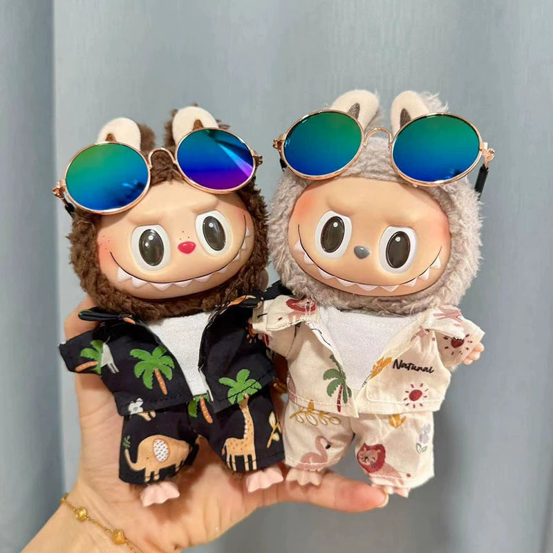 17cm Labubu Summer Beach Outfit - Coconut Tree & Sunglasses Set for Keychain Doll