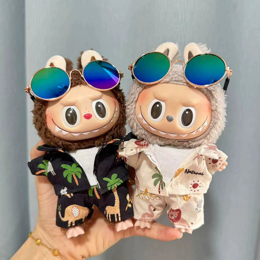 17cm Labubu Summer Beach Outfit - Coconut Tree & Sunglasses Set for Keychain Doll