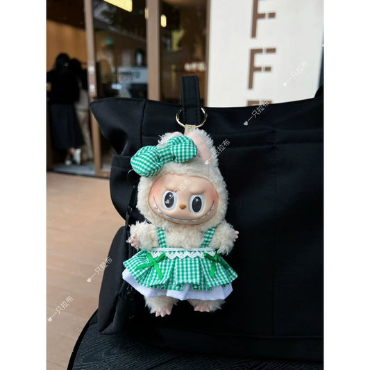 CRYBABY Tears Factory Outfit - Handmade Green Plaid Skirt & Bow for Plush Doll Clothes