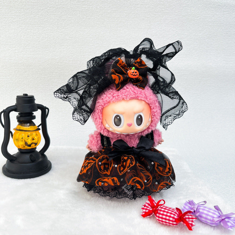Spooky Bride Labubu Outfit - Lace Trimmed Pumpkin Pattern Black Dress with Detachable Veil (No Doll)