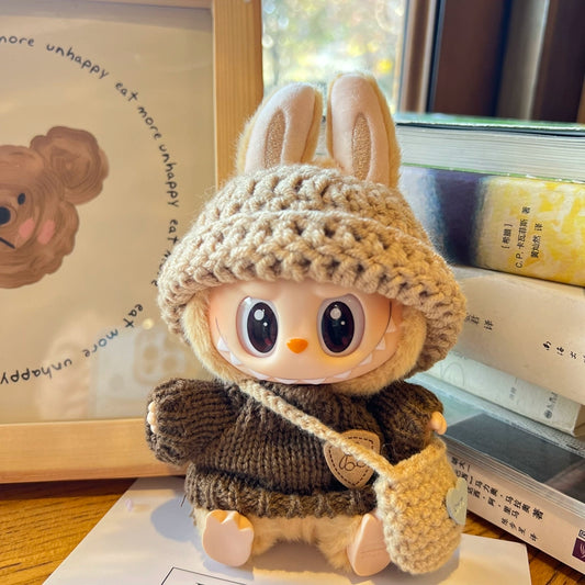 Doll Clothes for Sitting LABUBU, Brown Knitted 3-piece Set - Cute Cartoon Outfits for 17CM POP MART Blind Box Plush Doll