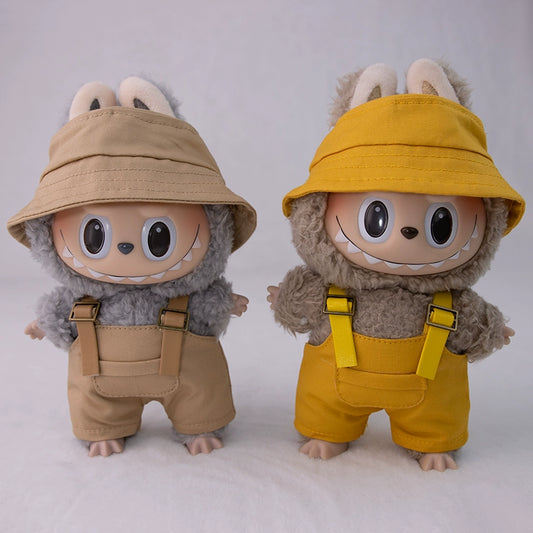 17cm Labubu Outfit Set - Khaki Overalls & Fisherman Hat for Fashion Vinyl Doll