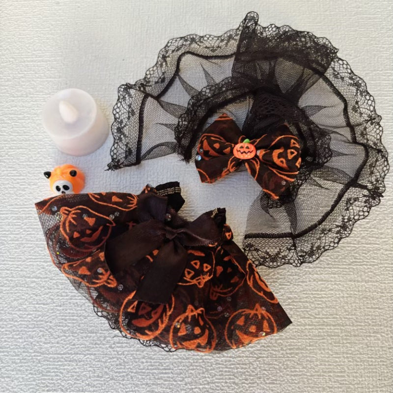 Spooky Bride Labubu Outfit - Lace Trimmed Pumpkin Pattern Black Dress with Detachable Veil (No Doll)