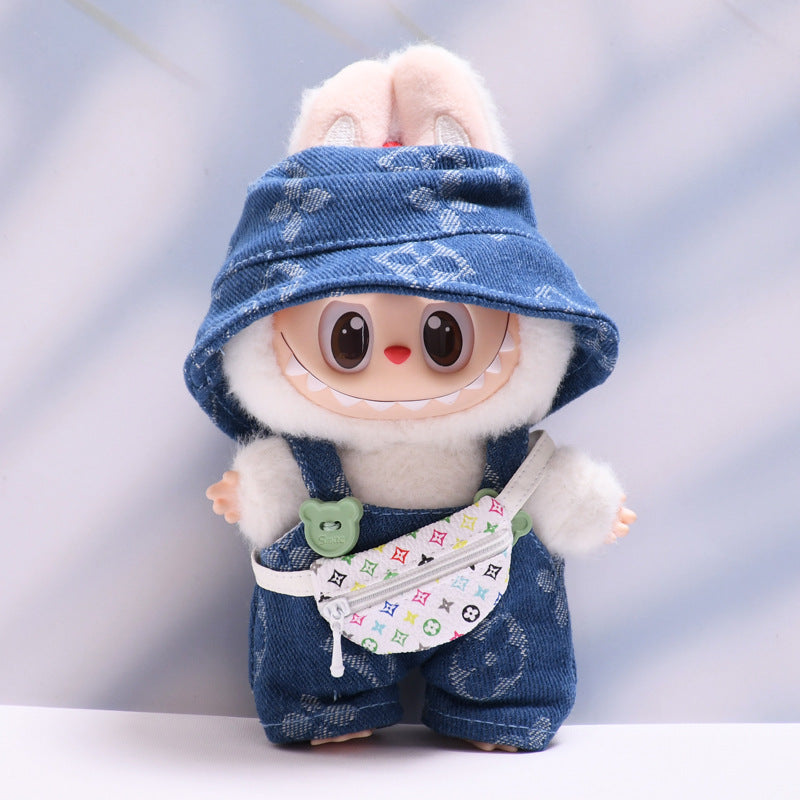 Labubu Series 1/2 Outfit - Printed Overalls & Hat for Keychain Doll Clothes Streetwear
