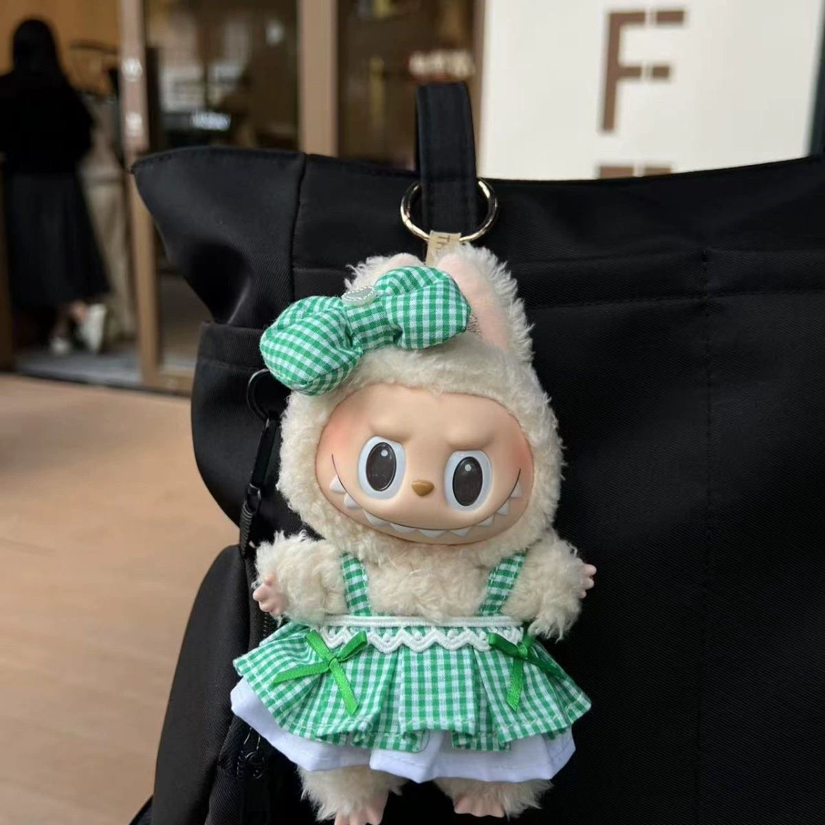 17cm Labubu Green Dress & Hair Clip - Sitting Party Outfit for Series 1/2/3 Vinyl Doll