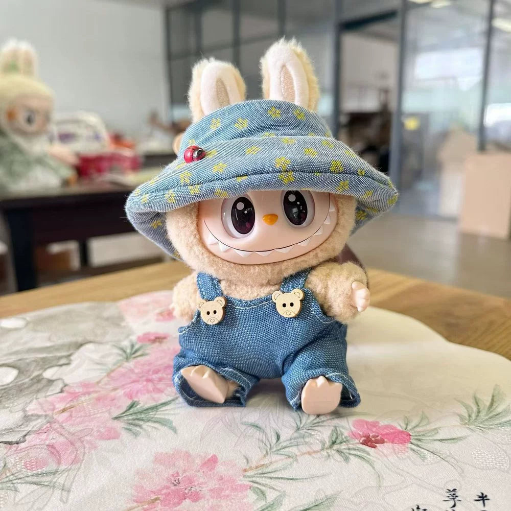 Labubu Denim Overalls Set - Cute Jumpsuit & Fisherman Hat for Vinyl Doll Clothes