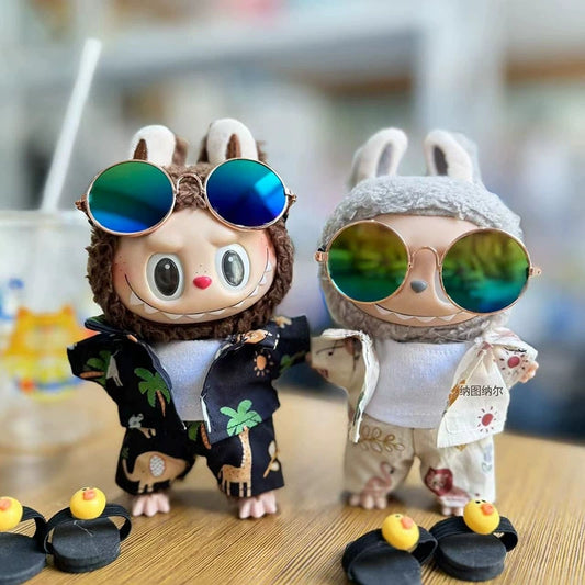 17cm Labubu Summer Beach Outfit - Coconut Tree & Sunglasses Set for Keychain Doll