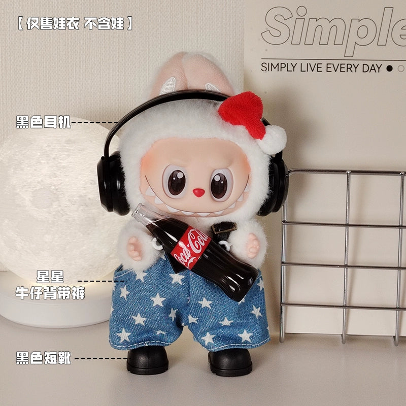 POP MART Labubu Summer Cola Outfit - Red Headphones + Sporty Denim Overalls + Red Boots for Gen 1/2 Figures 17cm (No Doll Included) | Keychain-Compatible