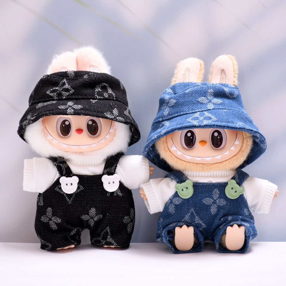 Labubu Series 1/2 Outfit - Printed Overalls & Hat for Keychain Doll Clothes Streetwear