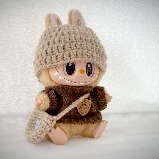 17cm Labubu 1st-3rd Gen Keychain Clothes | Brown Bear Sweater Set + Knit Top & Hat