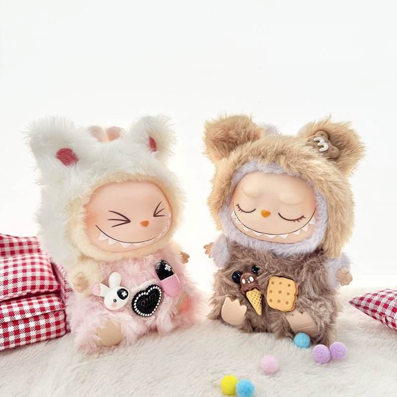 POP MART Labubu Doll Clothes - Teddy Bear Overalls Set for Gen 1/2 Vinyl Figures 17cm (No Doll Included) | Biscuit-Themed Blind Box Keychain Outfit