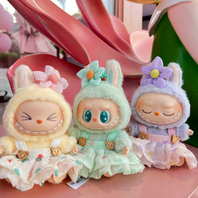 Labubu Have a Seat Series Summer Dress Set - for 17cm Plush Doll Tulle Dress & Floral Bonnet