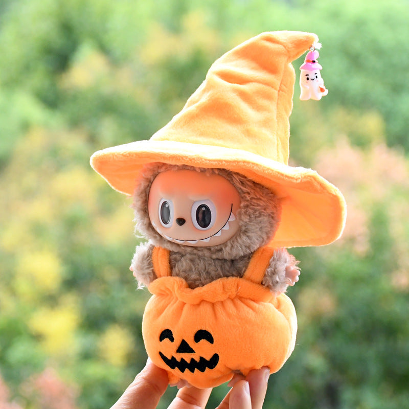 17cm Labubu 1st-2nd Gen Keychain Clothes Only | Halloween Pumpkin Costume Set with Black Witch Hat | Replacement Outfits for Vinyl Dolls