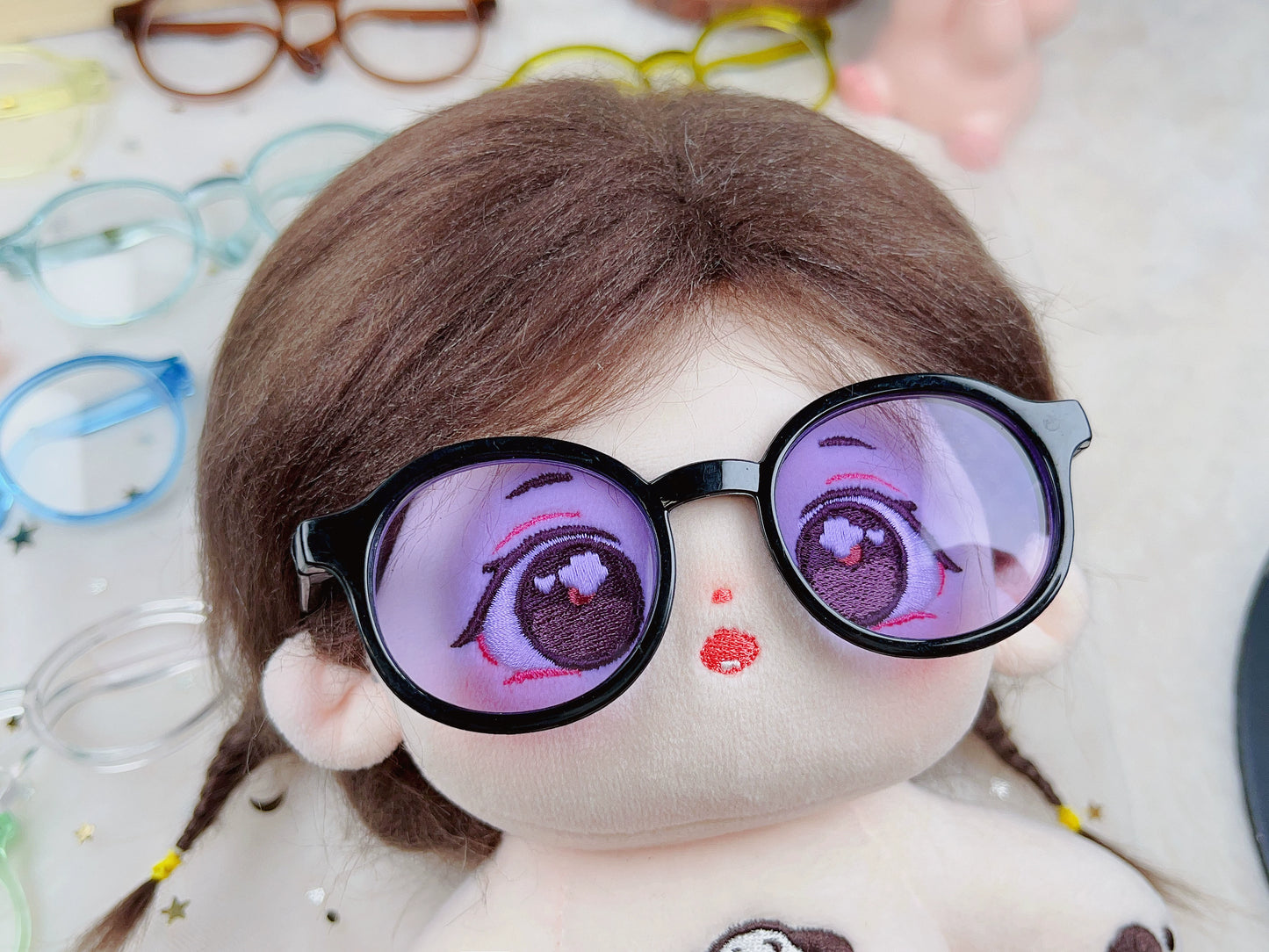 20cm Cotton Doll Glasses | Black Frame with Clear & Colorful Lenses Sunglasses Accessories for Photography Props