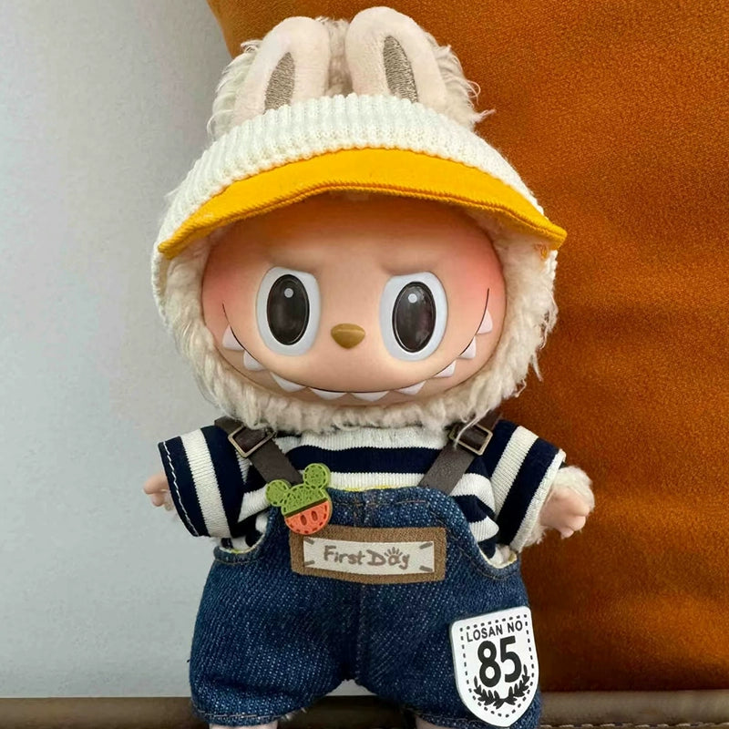LABUBU CLOTHES, Denim Outfit Set for LABUBU - Cute Striped Tee & Overalls for POP MART Blind Box Plush Dolls